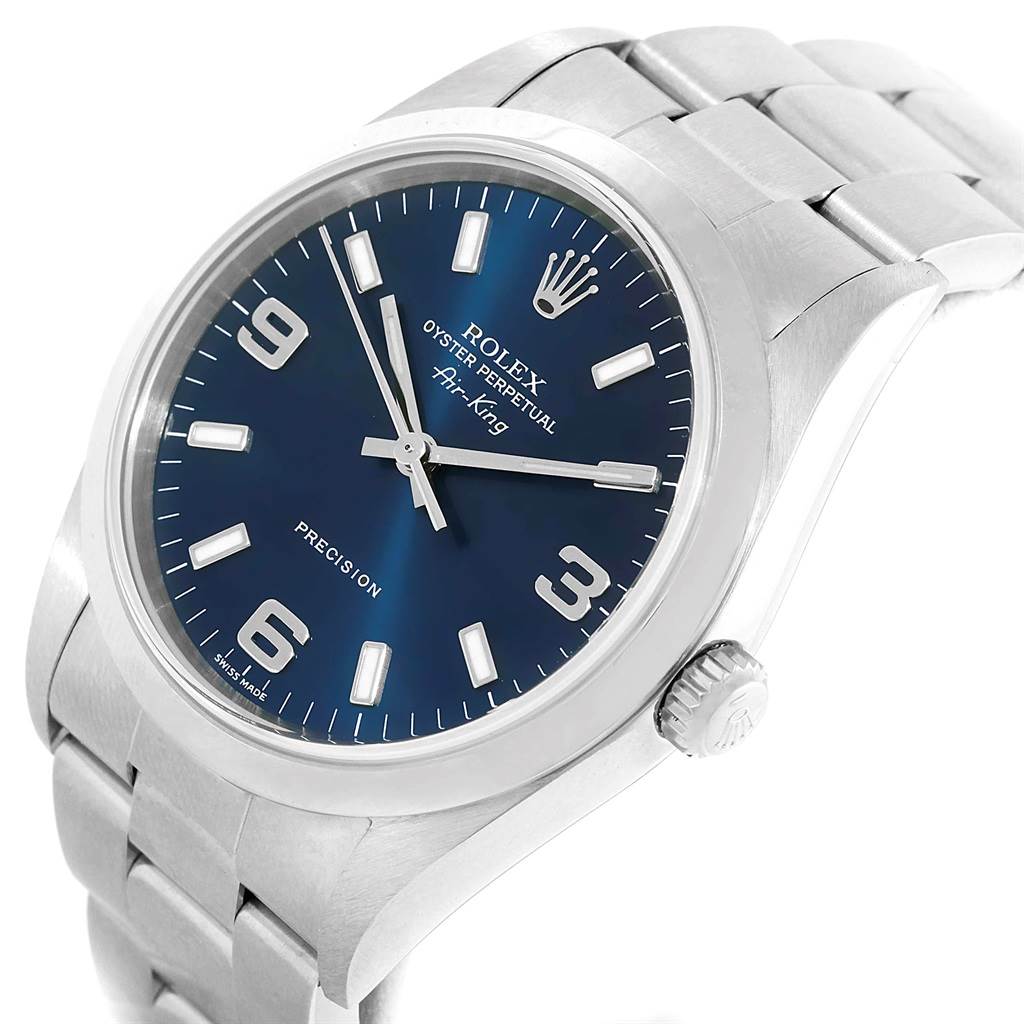 This image shows a Rolex Air-King 14000 Men's Stainless Steel Blue Dial 14000 Men's Stainless Steel Blue Dial watch angled slightly from the front, displaying the dial, crown, and stainless steel bracelet.