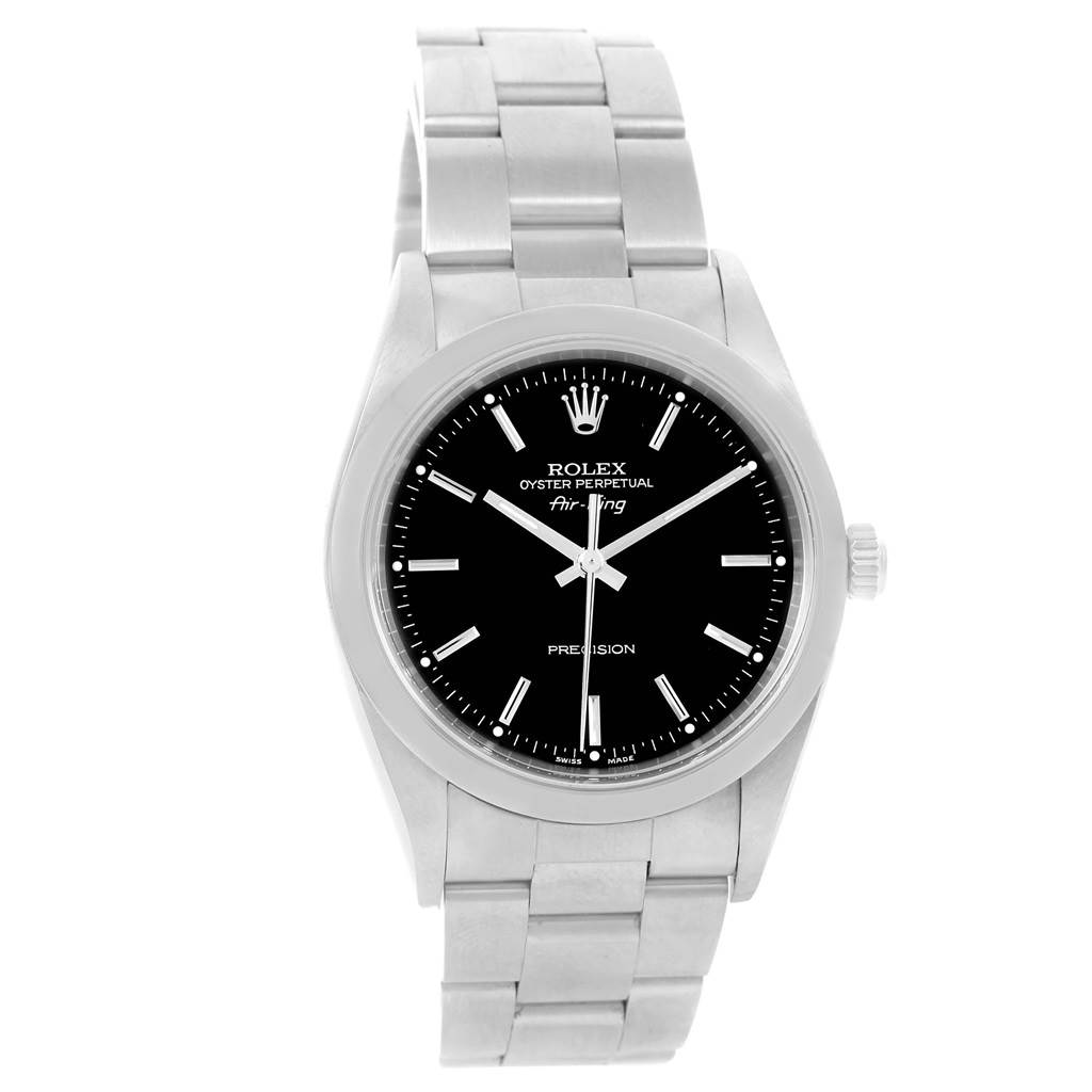 This Rolex Air-King 14000 Men's Stainless Steel Black Dial 14000 Men's Stainless Steel Black Dial watch is shown from a front view, displaying its metal strap, black dial, and hour, minute, and second hands.