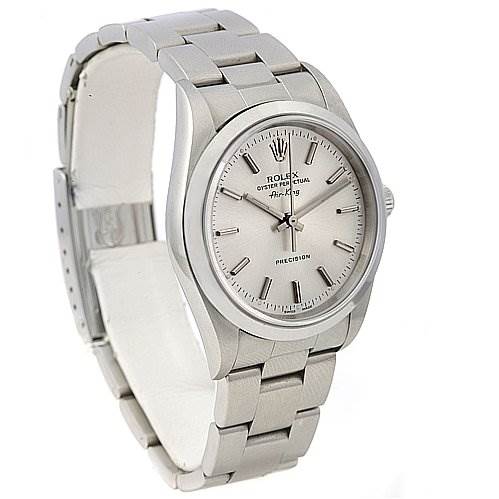 This image shows a side and front angle of a Rolex Air-King 1400 Men's Stainless Steel Silver Dial 1400 Men's Stainless Steel Silver Dial watch, highlighting its face, bezel, and stainless steel bracelet.