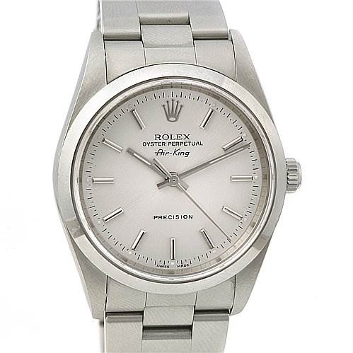 The image shows a front view of the Rolex Air-King 1400 Men's Stainless Steel Silver Dial 1400 Men's Stainless Steel Silver Dial watch, displaying its face, bezel, and part of the bracelet.