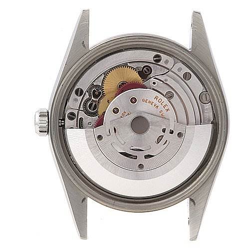 The image shows the back view of the Rolex Air-King 1400 Men's Stainless Steel Silver Dial 1400 Men's Stainless Steel Silver Dial watch case, revealing its internal mechanical components.