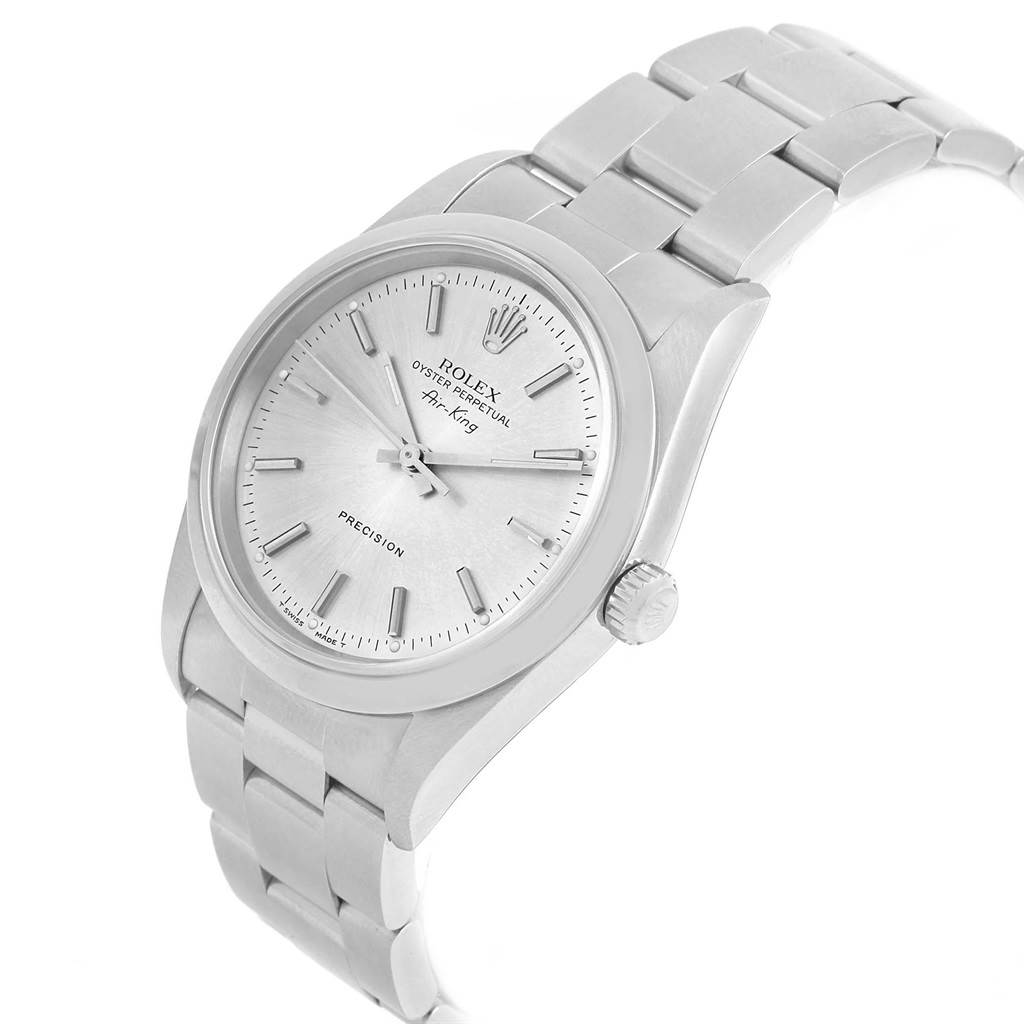 The image shows the Rolex Air-King Men's Stainless Steel Silver Dial Men's Stainless Steel Silver Dial watch from a front angle, featuring its face, crown, and metal bracelet.