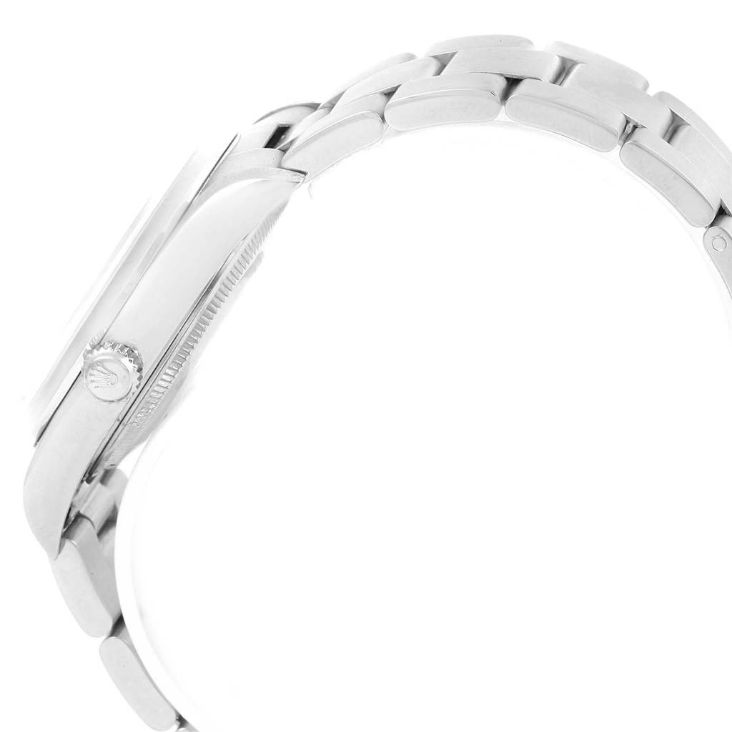 The image shows a side view of the Rolex Air-King Men's Stainless Steel Silver Dial Men's Stainless Steel Silver Dial watch, focusing on the case, crown, and part of the bracelet.