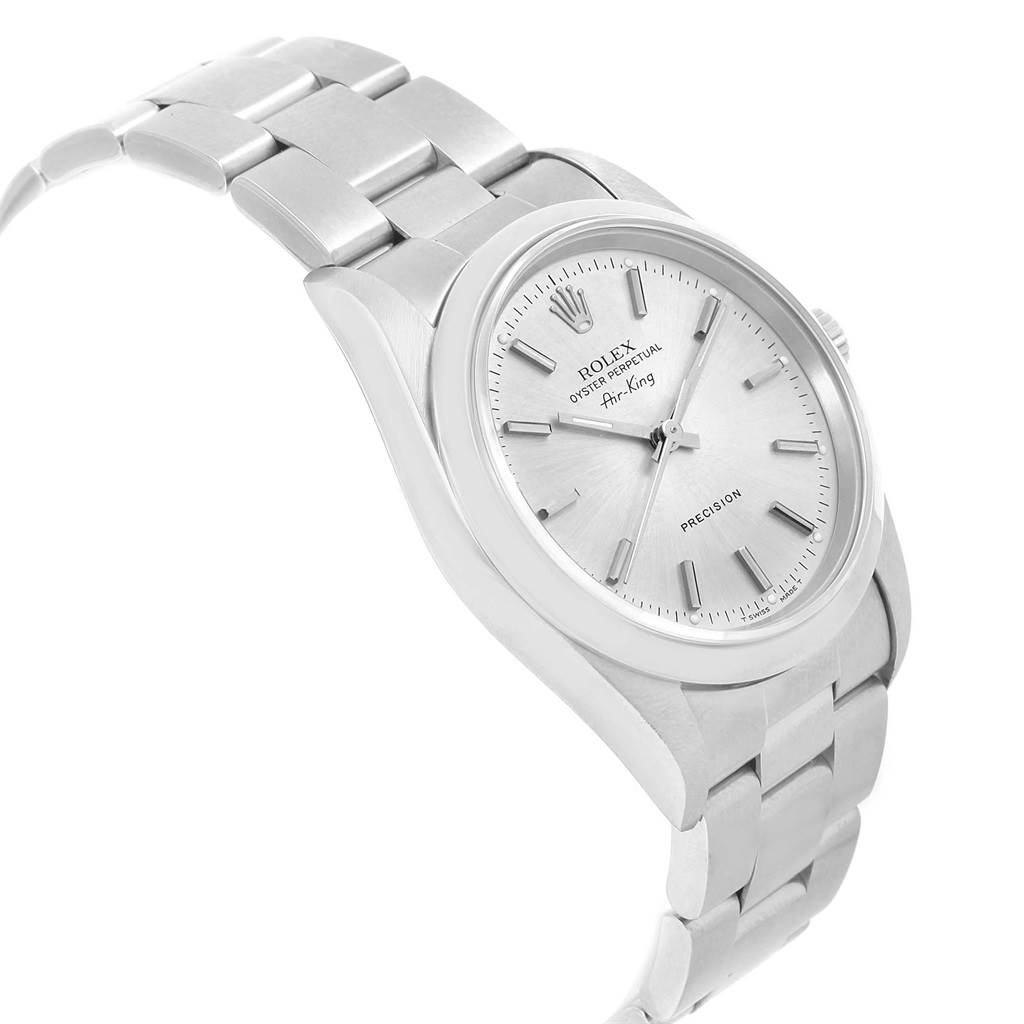 The Rolex Air-King Men's Stainless Steel Silver Dial Men's Stainless Steel Silver Dial watch is shown at a three-quarter angle, highlighting the dial, bezel, and bracelet.