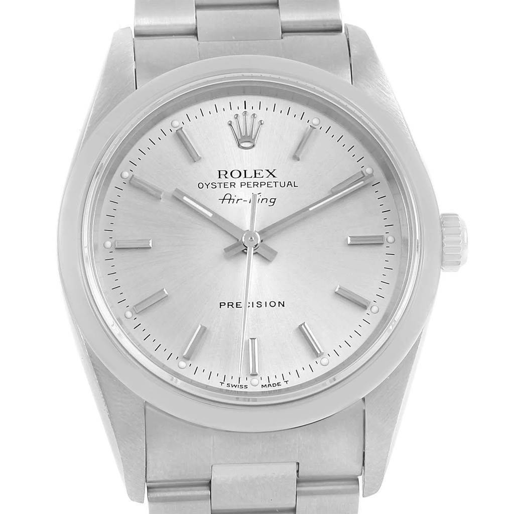 This image shows a frontal view of a Rolex Air-King Men's Stainless Steel Silver Dial Men's Stainless Steel Silver Dial watch, showcasing its dial, hands, and part of the bracelet.