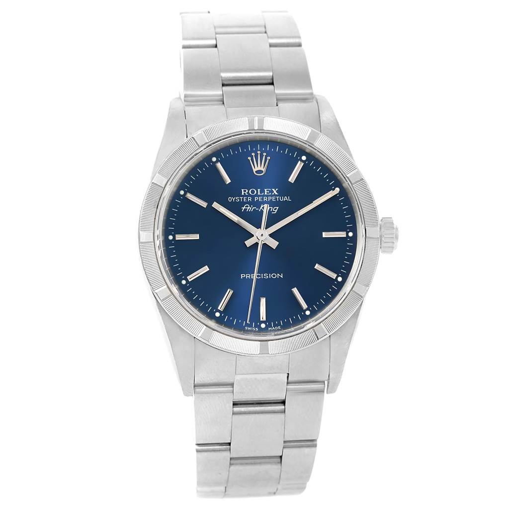 This image shows a Rolex Air-King 14010 Men's Stainless Steel Blue Dial 14010 Men's Stainless Steel Blue Dial watch from a front angle, highlighting its blue dial and stainless steel bracelet.