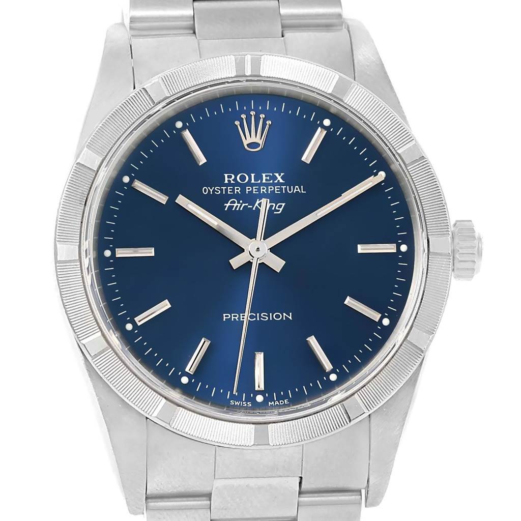 The image shows a front view of a Rolex Air-King 14010 Men's Stainless Steel Blue Dial 14010 Men's Stainless Steel Blue Dial watch, prominently featuring the dial, bezel, crown, and bracelet.