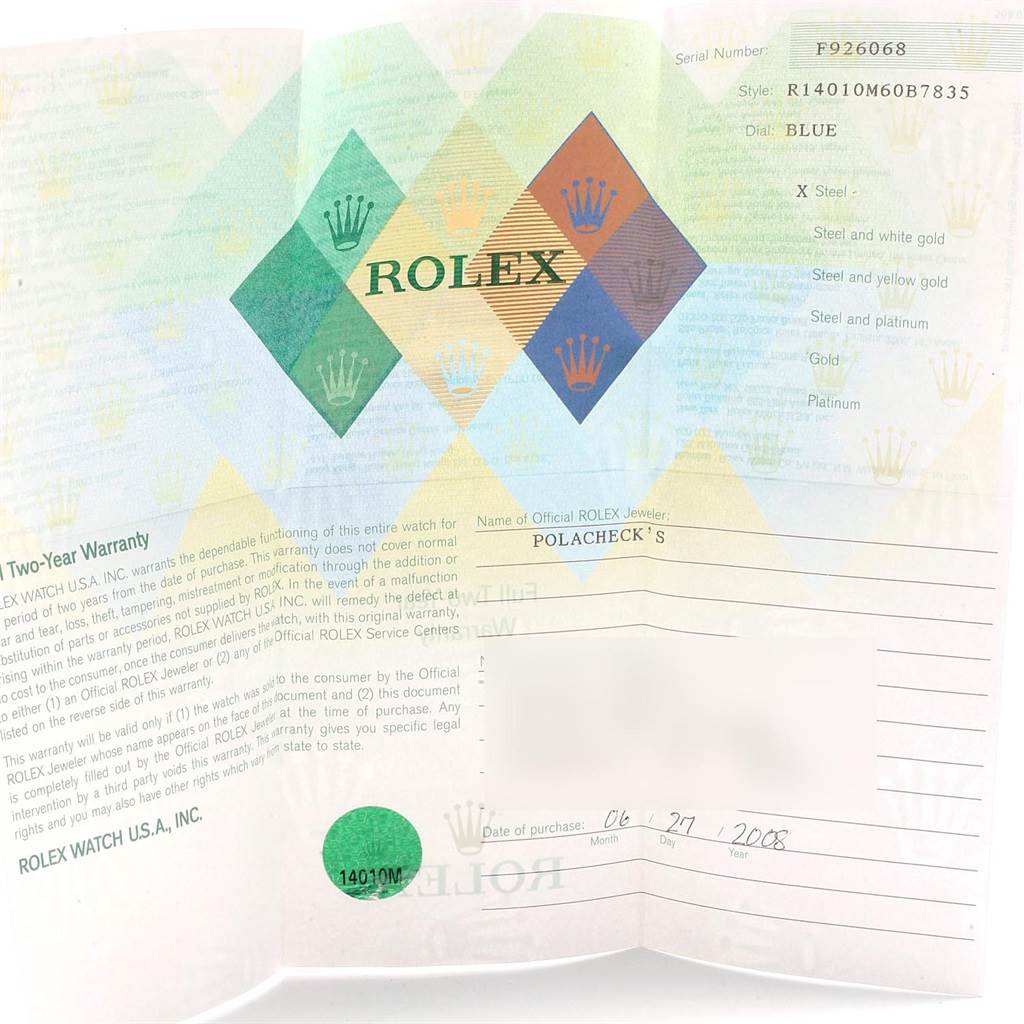 The image shows a Rolex warranty card for the Air-King model, with purchase details and authorized jeweler information.