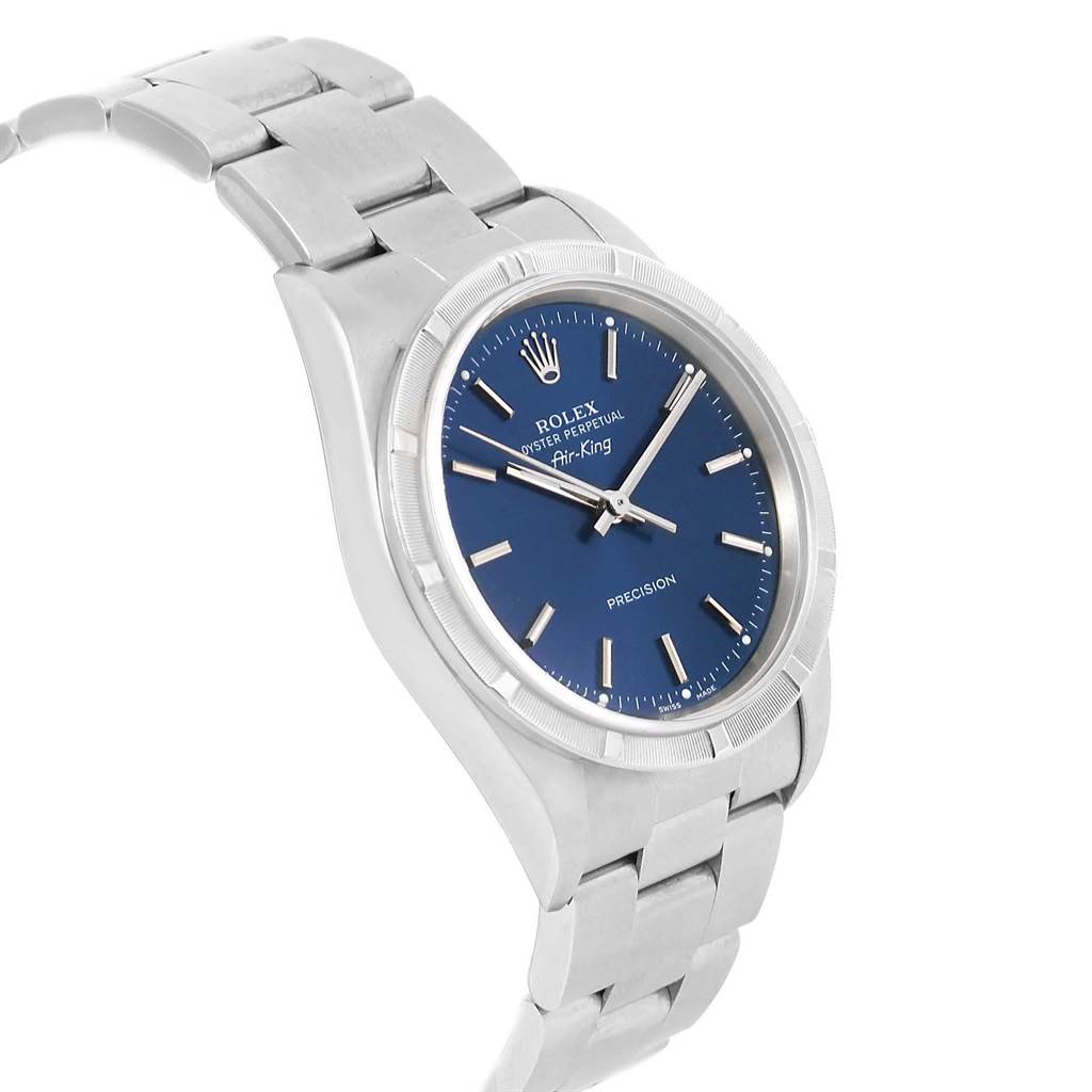 The Rolex Air-King 14010 Men's Stainless Steel Blue Dial 14010 Men's Stainless Steel Blue Dial watch is shown at a 3/4 angle, highlighting the blue dial, silver bracelet, and bezel.