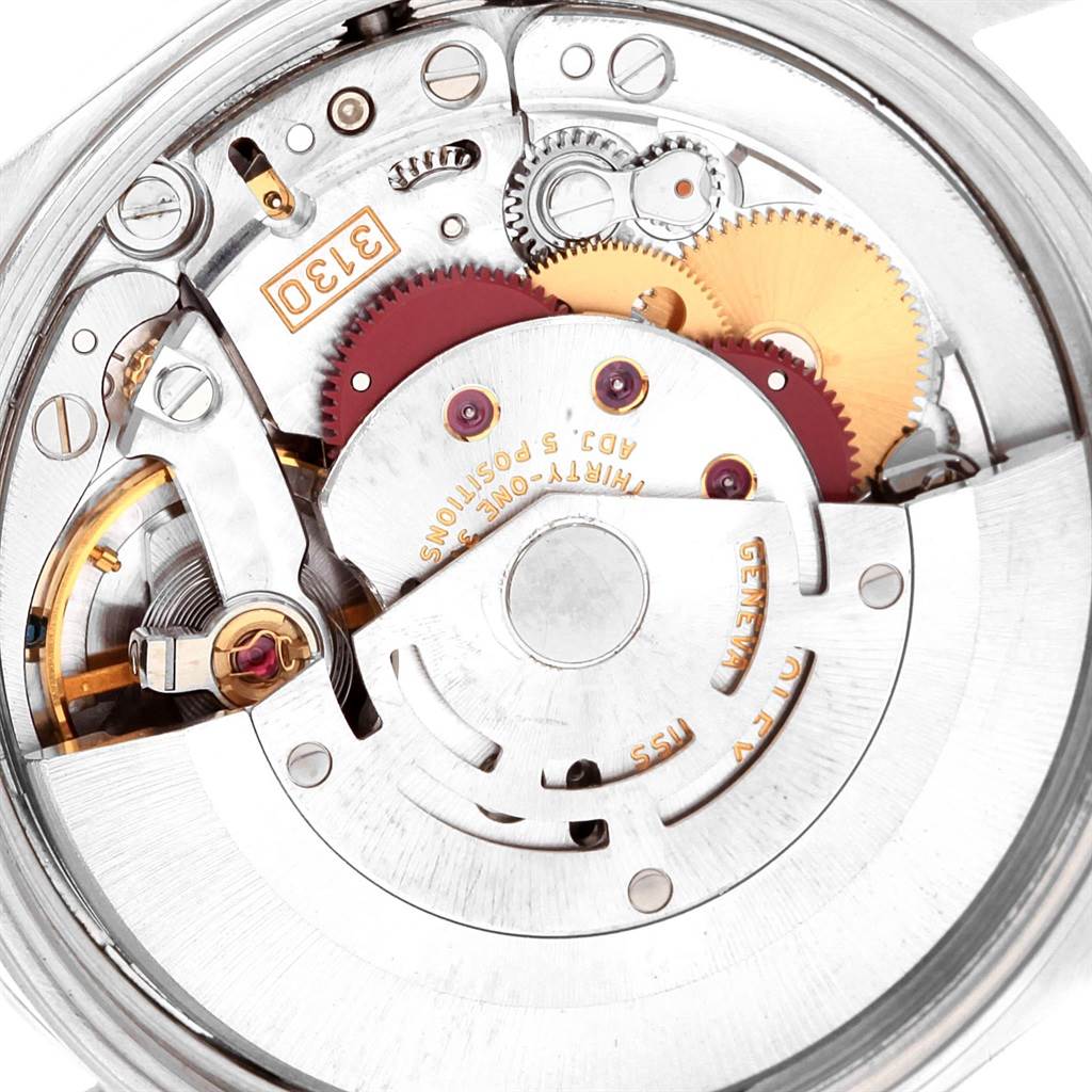 This image shows the internal mechanisms of the Rolex Air-King 14000 Men's Stainless Steel White Dial 14000 Men's Stainless Steel White Dial watch viewed from the back.