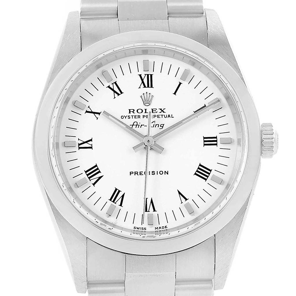 The image shows a frontal view of a Rolex Air-King 14000 Men's Stainless Steel White Dial 14000 Men's Stainless Steel White Dial watch, displaying its white dial with Roman numerals and the brand logo.