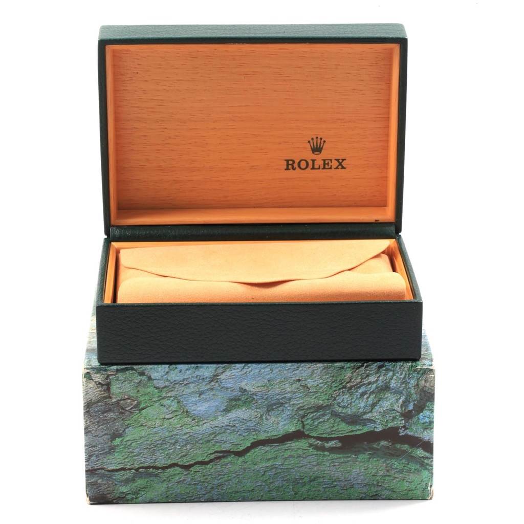 The image shows an open Rolex Air-King 14000 Men's Stainless Steel White Dial 14000 Men's Stainless Steel White Dial watch box with an inner cushion, viewed from the front.