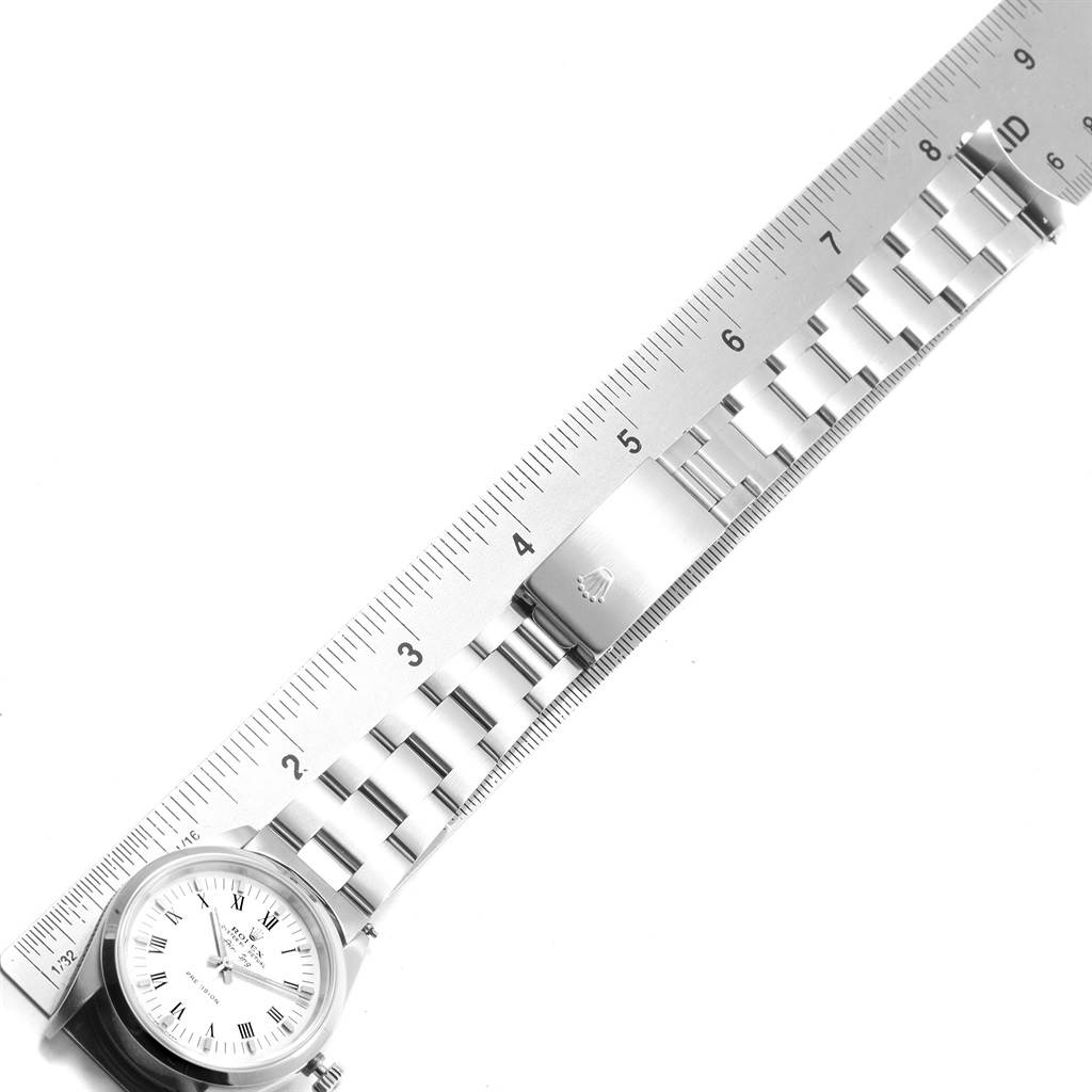 The Rolex Air-King 14000 Men's Stainless Steel White Dial 14000 Men's Stainless Steel White Dial watch is shown from an overhead angle, featuring the face, bracelet, and clasp.