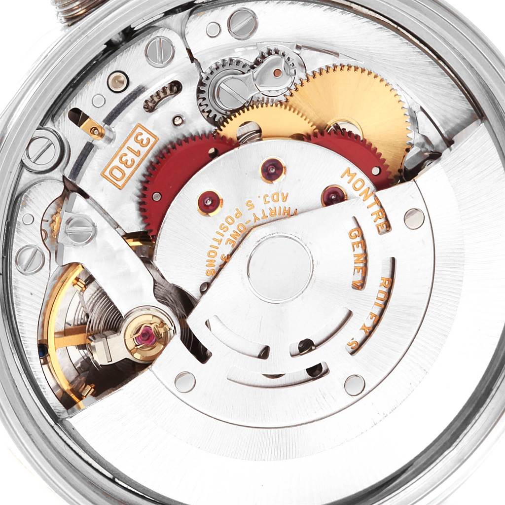The image shows a close-up of the movement mechanism parts inside a Rolex Air-King 14000 Men's Stainless Steel White Dial 14000 Men's Stainless Steel White Dial watch, viewed from the back.