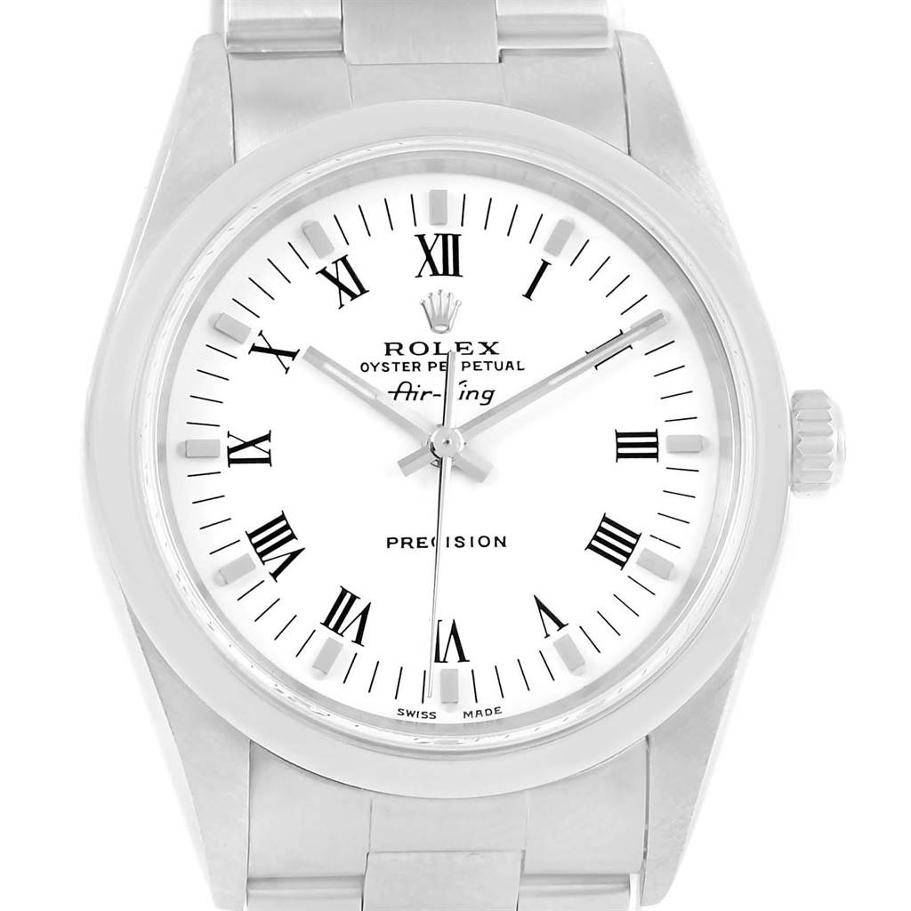 The image shows a front view of a Rolex Air-King 14000 Men's Stainless Steel White Dial 14000 Men's Stainless Steel White Dial watch, displaying its white dial, Roman numeral hour markers, and stainless steel bracelet.