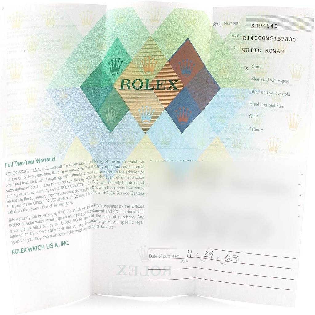 The image shows the warranty card for a Rolex Air-King 14000 Men's Stainless Steel White Dial 14000 Men's Stainless Steel White Dial watch, displaying various details including serial and model numbers.