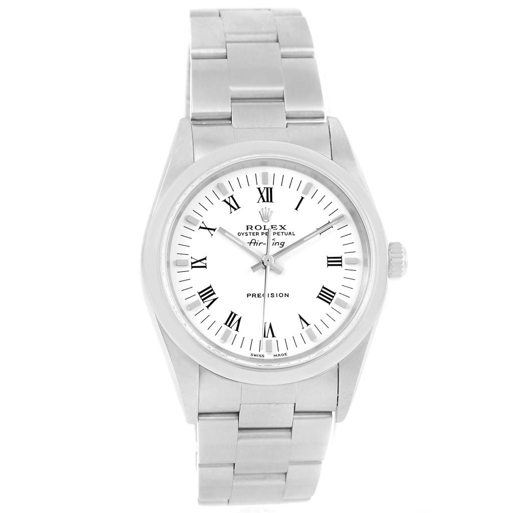 The image shows a front view of a Rolex Air-King 14000 Men's Stainless Steel White Dial 14000 Men's Stainless Steel White Dial watch, displaying the dial, hands, crown, and stainless steel bracelet.
