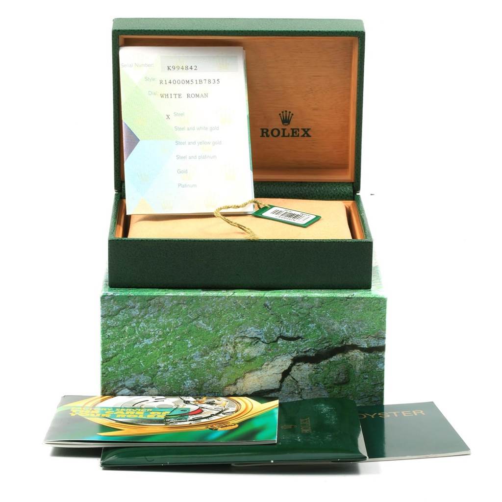 The image shows the packaging and accessories of a Rolex Air-King 14000 Men's Stainless Steel White Dial 14000 Men's Stainless Steel White Dial watch, including its open box, tags, manuals, and a warranty card.