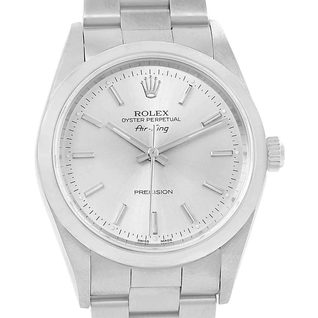 The image shows a front view of the Rolex Air-King 14000 Men's Stainless Steel Silver Dial 14000 Men's Stainless Steel Silver Dial watch, displaying its dial, hands, crown, and bracelet.