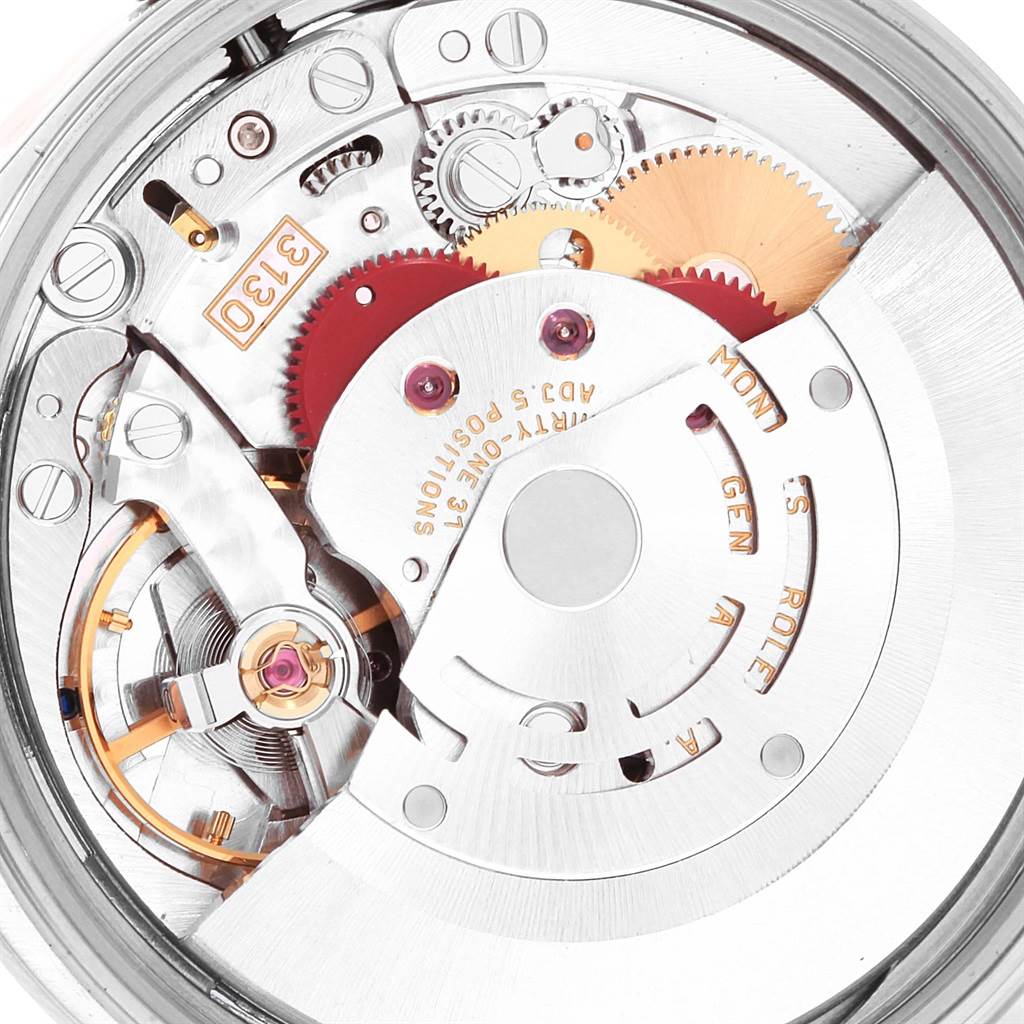 This is a detailed view of the internal movement and gears of a Rolex Air-King 14000 Men's Stainless Steel Silver Dial 14000 Men's Stainless Steel Silver Dial watch.