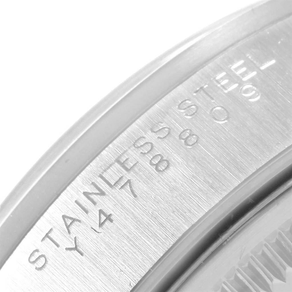 The close-up image shows the stainless steel case back of the Rolex Air-King 14000 Men's Stainless Steel Silver Dial 14000 Men's Stainless Steel Silver Dial watch, highlighting engraved details.