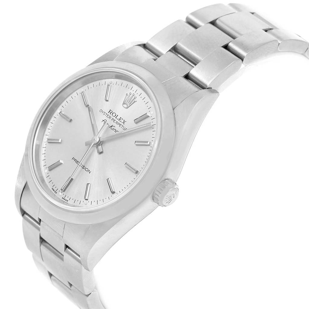 The image shows a side-angle view of the Rolex Air-King 14000 Men's Stainless Steel Silver Dial 14000 Men's Stainless Steel Silver Dial watch, highlighting the face, bezel, case, bracelet, and crown.