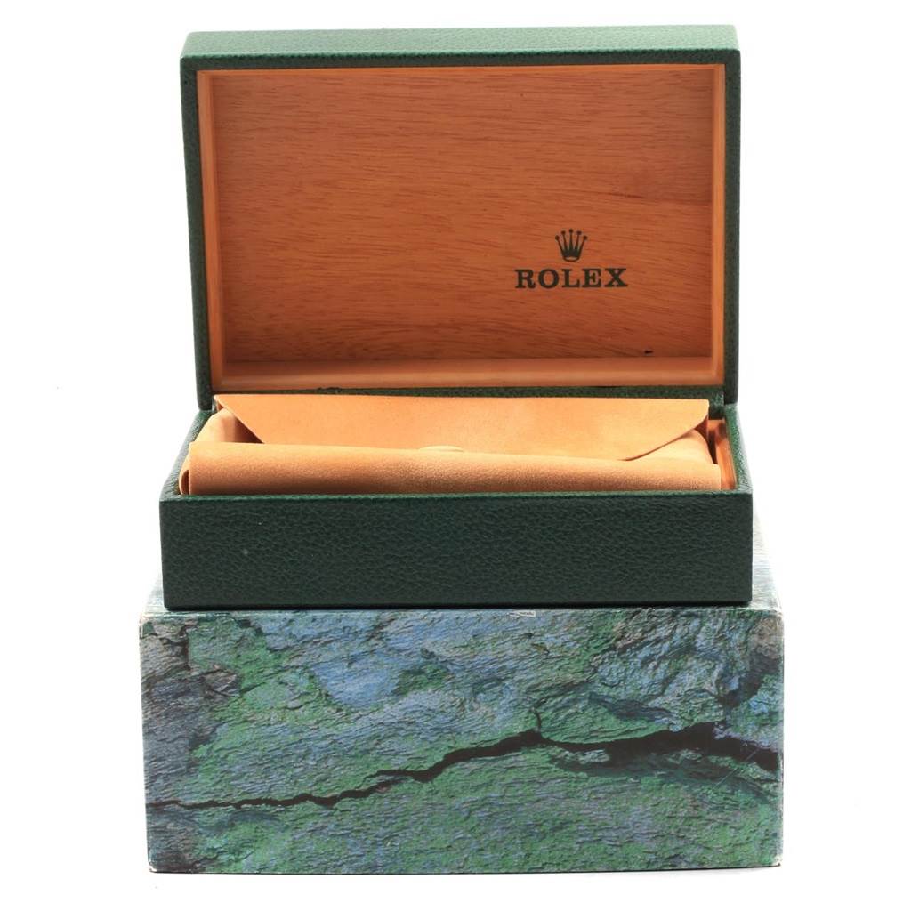 The image shows an empty open box for a Rolex Air-King 14000 Men's Stainless Steel Silver Dial 14000 Men's Stainless Steel Silver Dial watch.