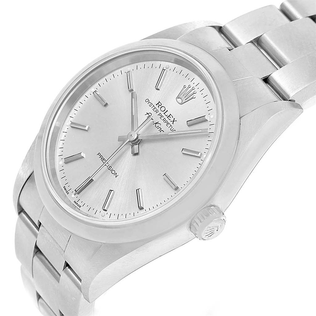 The image shows the face, crown, and part of the bracelet of a Rolex Air-King 14000 Men's Stainless Steel Silver Dial 14000 Men's Stainless Steel Silver Dial watch at a slight angle.