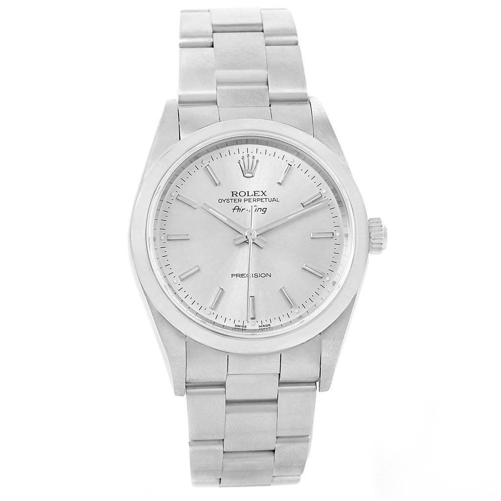 The Rolex Air-King 14000 Men's Stainless Steel Silver Dial 14000 Men's Stainless Steel Silver Dial watch is shown from a front angle, displaying its face, bezel, crown, and bracelet.