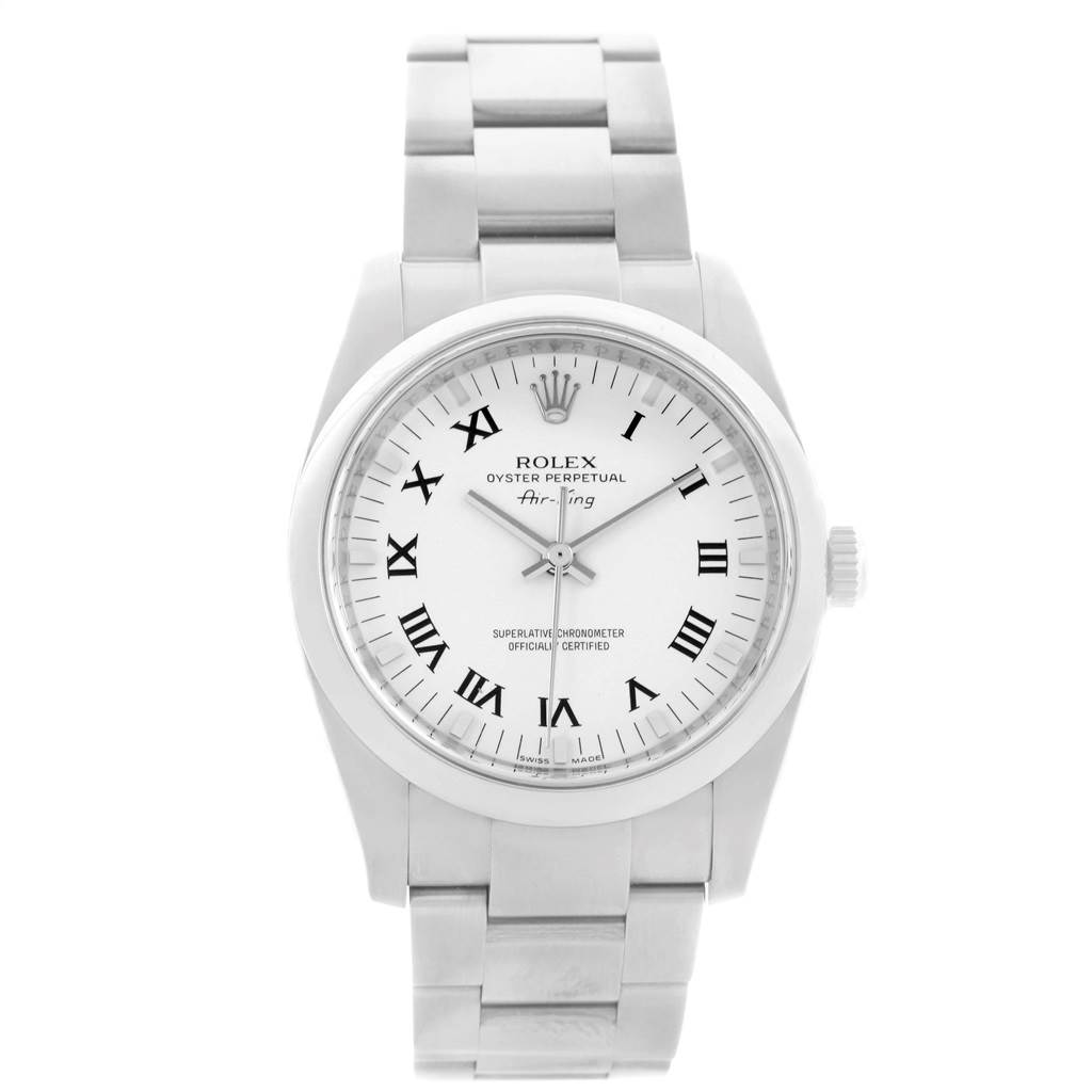 The Rolex Air-King 114200 Men's Stainless Steel White Dial 114200 Men's Stainless Steel White Dial watch is shown from a front angle, displaying its white dial, Roman numeral markers, and metal bracelet.
