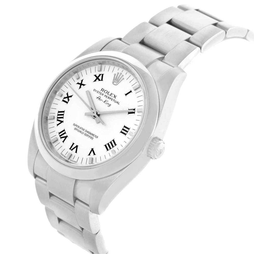 The image shows a Rolex Air-King 114200 Men's Stainless Steel White Dial 114200 Men's Stainless Steel White Dial watch at a tilted angle, highlighting the face, crown, and bracelet.