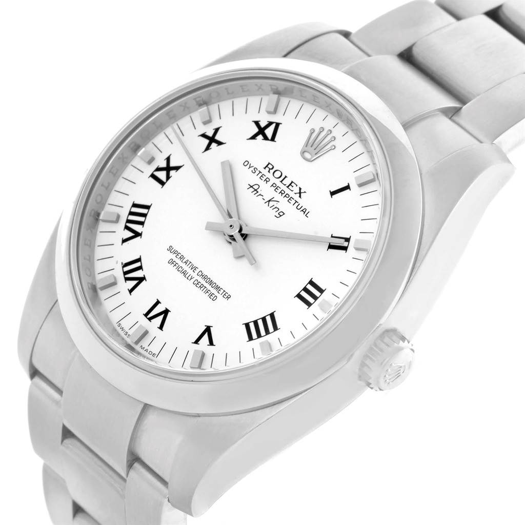 The image shows a close-up angle of the Rolex Air-King 114200 Men's Stainless Steel White Dial 114200 Men's Stainless Steel White Dial watch, displaying the face, crown, and part of the bracelet.