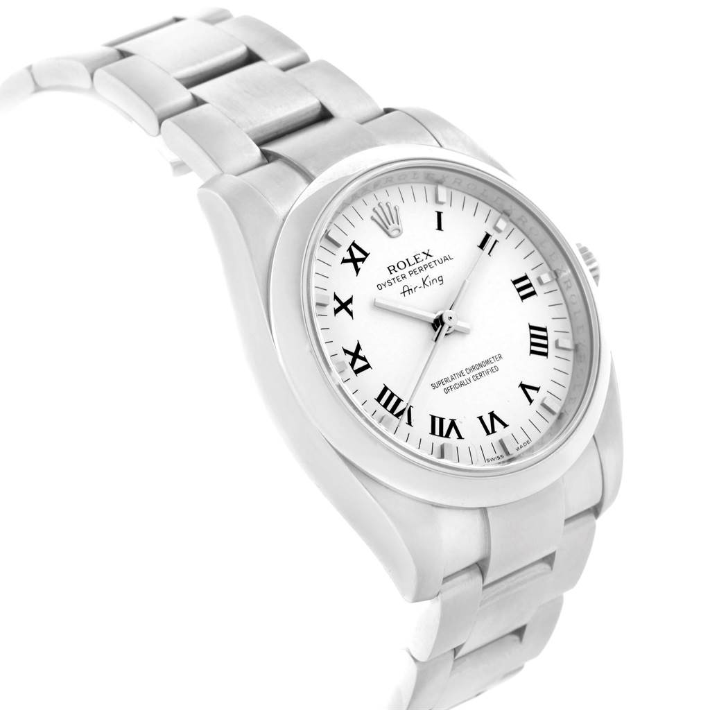 This image shows a Rolex Air-King 114200 Men's Stainless Steel White Dial 114200 Men's Stainless Steel White Dial watch at an angled view, highlighting the face, bezel, and bracelet.