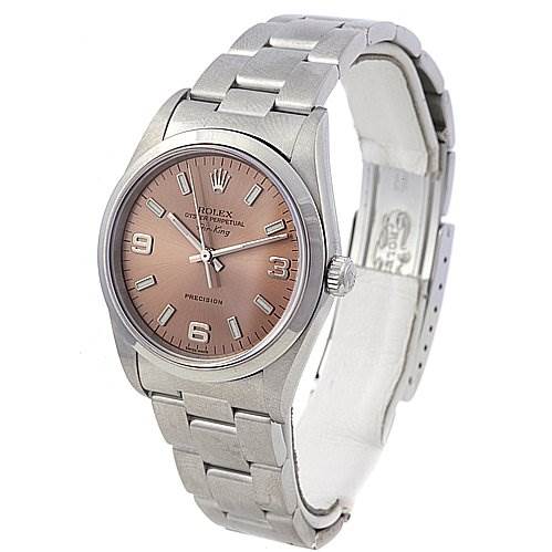 The image shows a Rolex Air-King 14000M Men's Stainless Steel Brown Dial 14000M Men's Stainless Steel Brown Dial watch from a three-quarter view, highlighting its face, bezel, and metal strap.