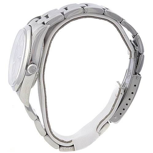 Side view of the Rolex Air-King 14000M Men's Stainless Steel Brown Dial 14000M Men's Stainless Steel Brown Dial watch showing the crown, bezel, and part of the bracelet with the clasp undone.