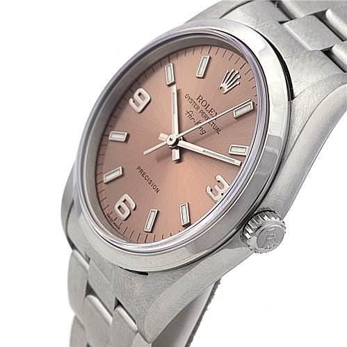 The image shows a side angle view of a Rolex Air-King 14000M Men's Stainless Steel Brown Dial 14000M Men's Stainless Steel Brown Dial watch, highlighting the face, bezel, and part of the bracelet.