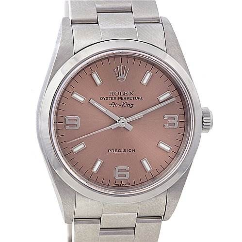 This image shows a front view of the Rolex Air-King 14000M Men's Stainless Steel Brown Dial 14000M Men's Stainless Steel Brown Dial watch, highlighting the face, hands, and part of the bracelet.