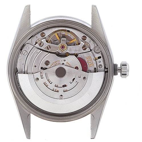 The image shows the back of the Rolex Air-King 14000M Men's Stainless Steel Brown Dial 14000M Men's Stainless Steel Brown Dial watch, highlighting its internal mechanical movement.