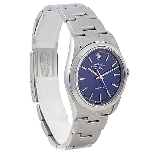 The image shows a Rolex Air-King 14000M Men's Stainless Steel Blue Dial 14000M Men's Stainless Steel Blue Dial watch at a three-quarter angle, featuring its blue dial, stainless steel case, and bracelet.