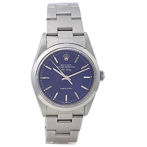 The image shows a front view of an Air-King model Rolex watch with a blue dial and silver bracelet.