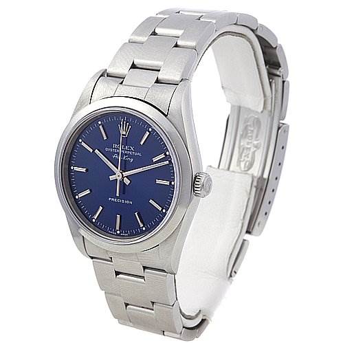 The image shows a Rolex Air-King 14000M Men's Stainless Steel Blue Dial 14000M Men's Stainless Steel Blue Dial watch at an oblique angle, displaying its dial, bracelet, and crown.