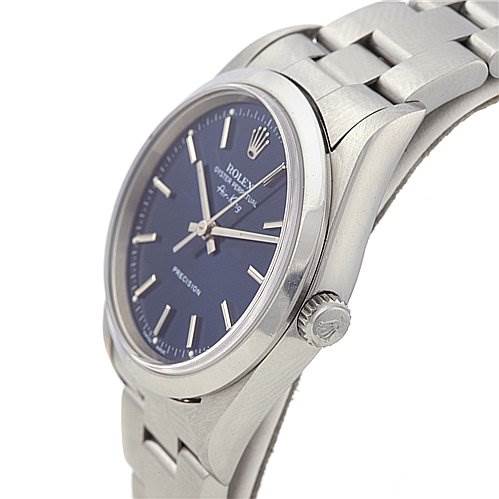The image shows a Rolex Air-King 14000M Men's Stainless Steel Blue Dial 14000M Men's Stainless Steel Blue Dial watch at a slight angle, highlighting its face, crown, and part of its bracelet.