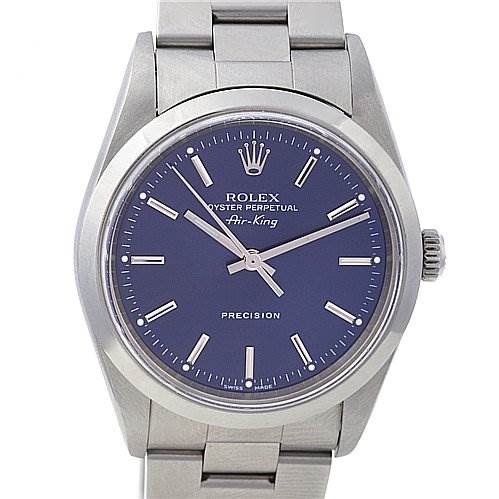 The image shows a front view of the Rolex Air-King 14000M Men's Stainless Steel Blue Dial 14000M Men's Stainless Steel Blue Dial watch, displaying its face, case, and part of the bracelet.
