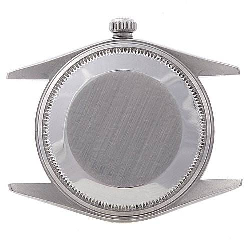 This image shows the back case and crown of the Rolex Air-King 14000M Men's Stainless Steel Blue Dial 14000M Men's Stainless Steel Blue Dial watch from a top-down angle.