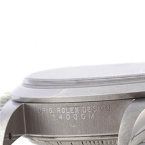 The image shows a close-up side view of the case of a Rolex Air-King 14000M Men's Stainless Steel Blue Dial 14000M Men's Stainless Steel Blue Dial watch, highlighting the engraved design and model number.