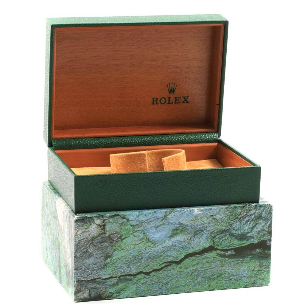 The image shows an open Rolex Air-King 14000 Men's Stainless Steel Blue Dial 14000 Men's Stainless Steel Blue Dial watch box with the Rolex logo inside.