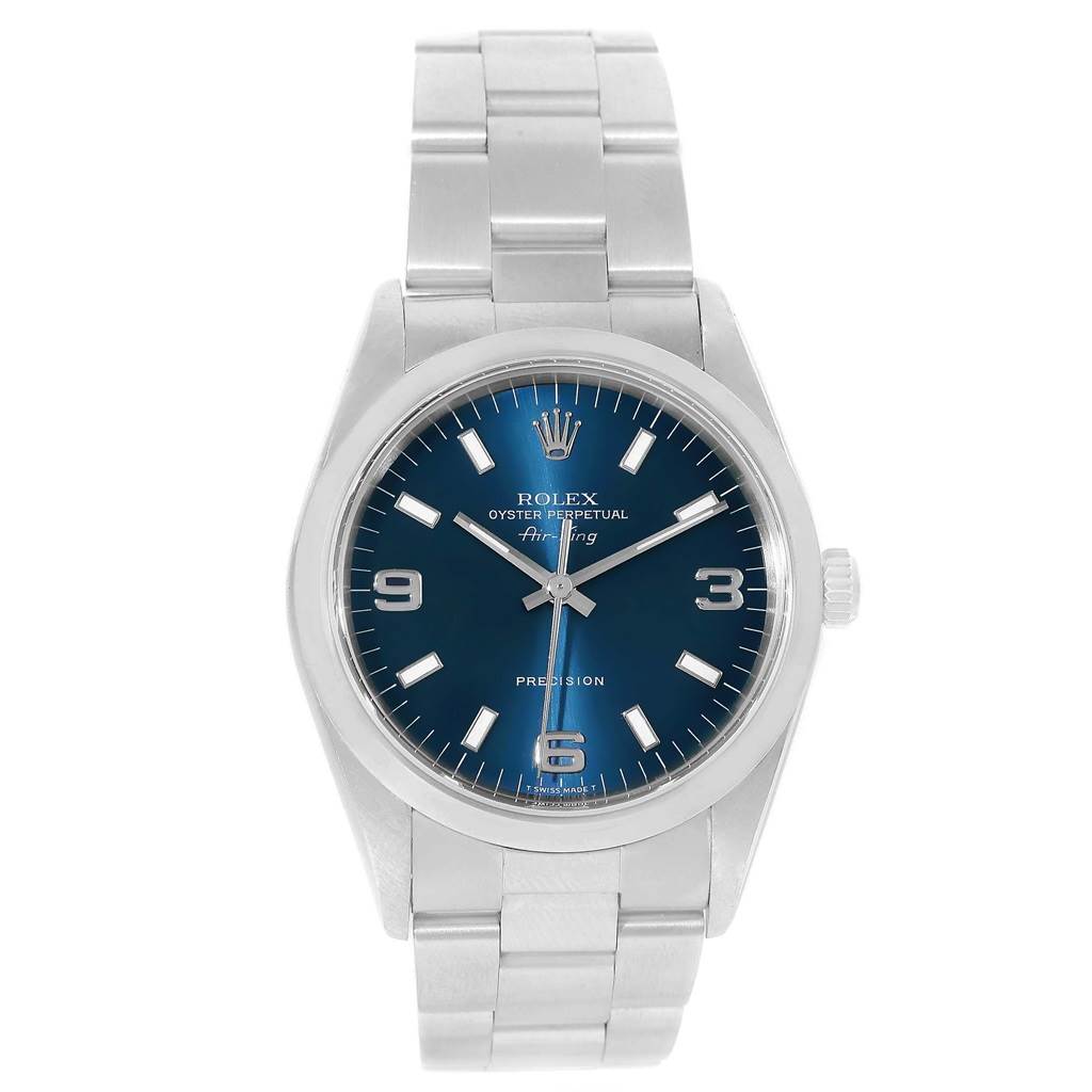 The image shows a Rolex Air-King 14000 Men's Stainless Steel Blue Dial 14000 Men's Stainless Steel Blue Dial watch head-on, displaying the dial, hands, crown, and bracelet.