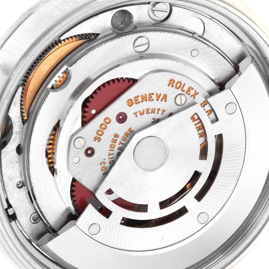 The image shows a close-up view of the Rolex Air-King 14000 Men's Stainless Steel Blue Dial 14000 Men's Stainless Steel Blue Dial's 3000 movement mechanism, highlighting its intricate internal components.