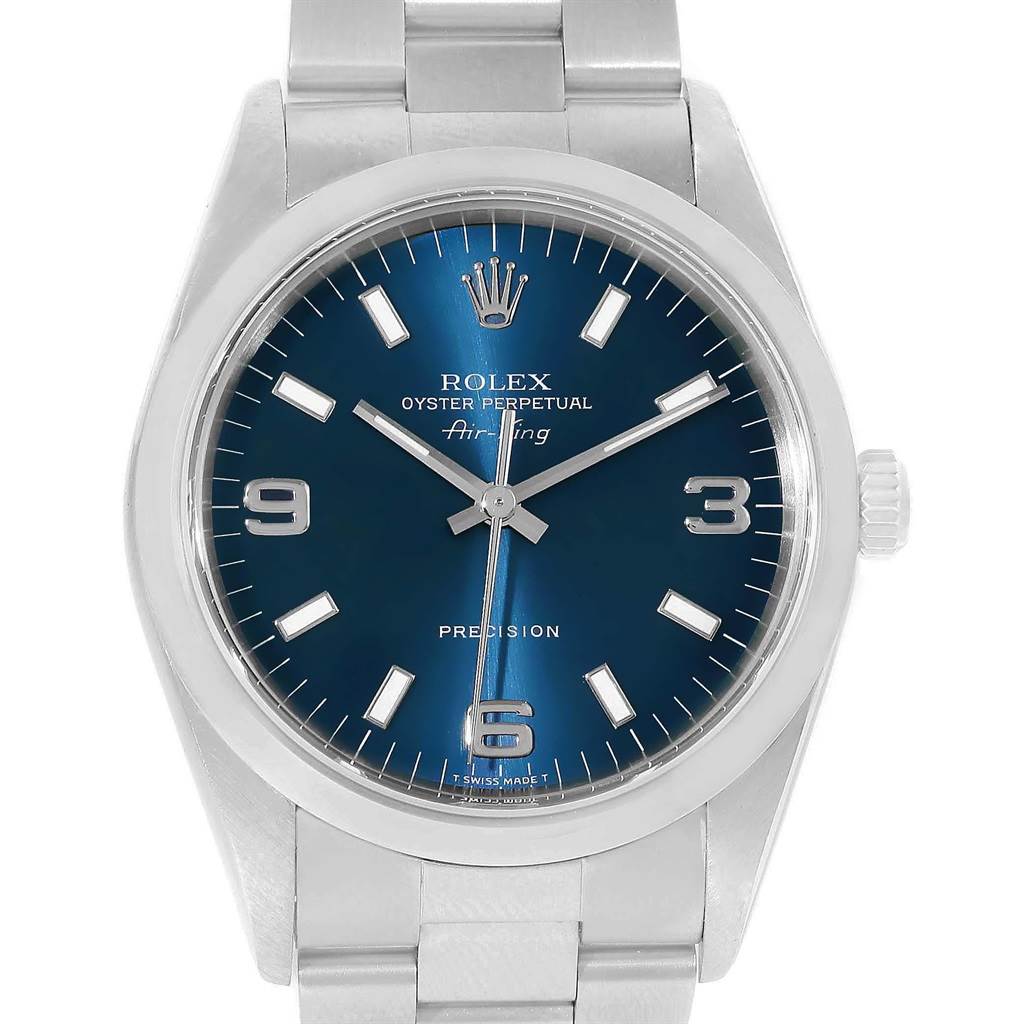 This image shows a front view of the Rolex Air-King 14000 Men's Stainless Steel Blue Dial 14000 Men's Stainless Steel Blue Dial watch, highlighting the dial, crown, and part of the bracelet.