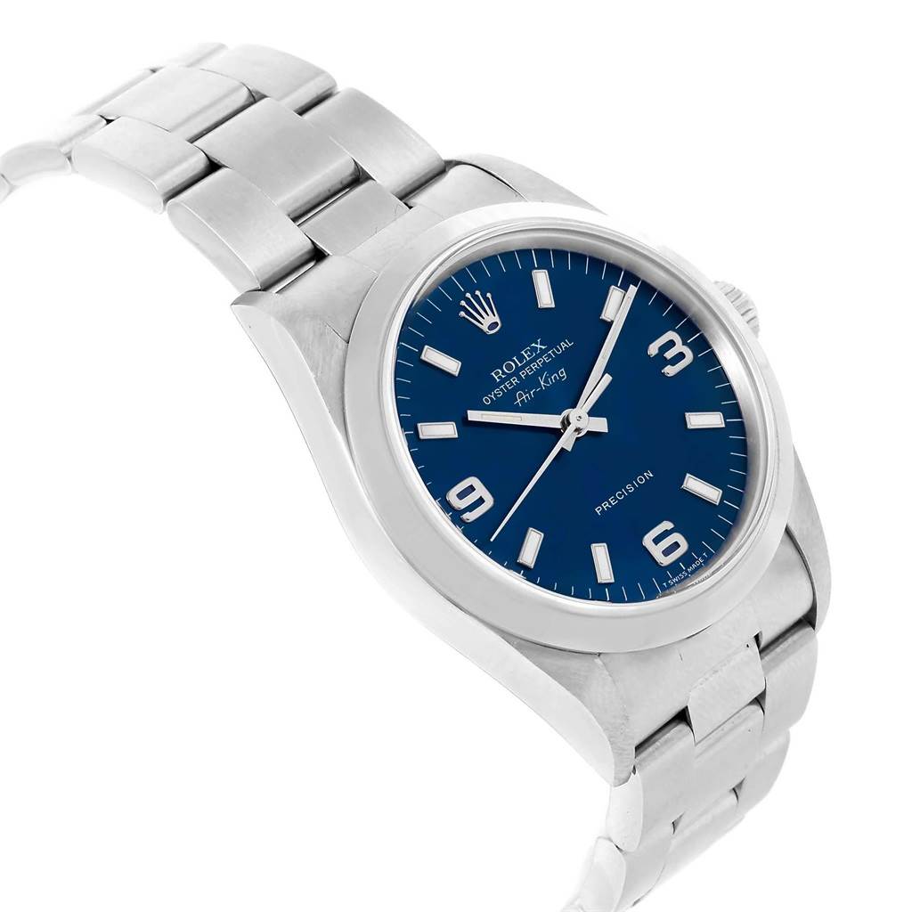 The image shows an angled view of a Rolex Air-King 14000 Men's Stainless Steel Blue Dial 14000 Men's Stainless Steel Blue Dial watch, displaying its blue dial, hour markers, and stainless steel bracelet.